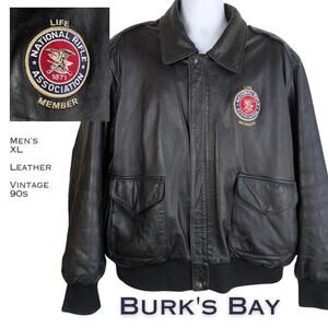 Burk's Bay Jacket Mens XL Black Leather Bomber NRA Life Member Patch Zip Snap